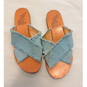 Ancient Greek Sandals Denim Crossover Fringe Flat Sandals 37.5